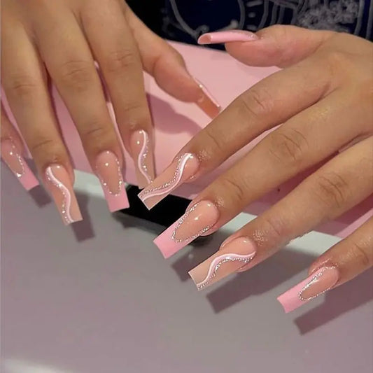 24pcs Long Square French Fake Nails Sets Pearl Design Stick on False Nail Tips Simple Detachable White Press on Nails Finished