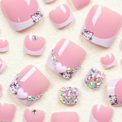 24Pcs Toenail Patch White French Wear Nail Art Three-Dimensional Pink Small Heart Fake Nail