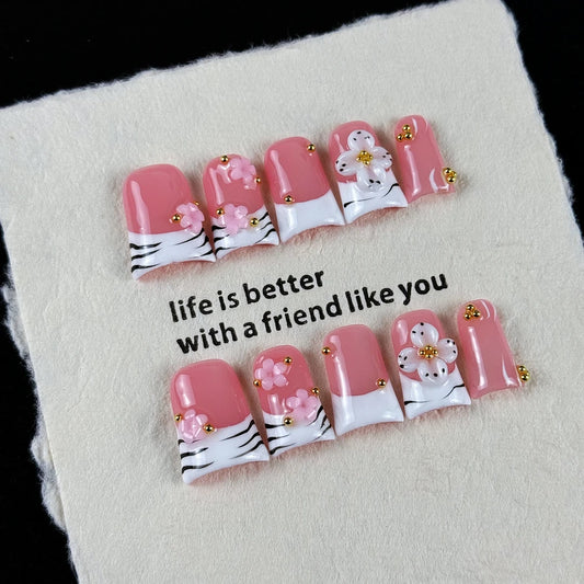 10pcs high-end Gentle lady style, hand-painted zebra pattern, three-dimensional embossed design, tiny glittering gold beads hand