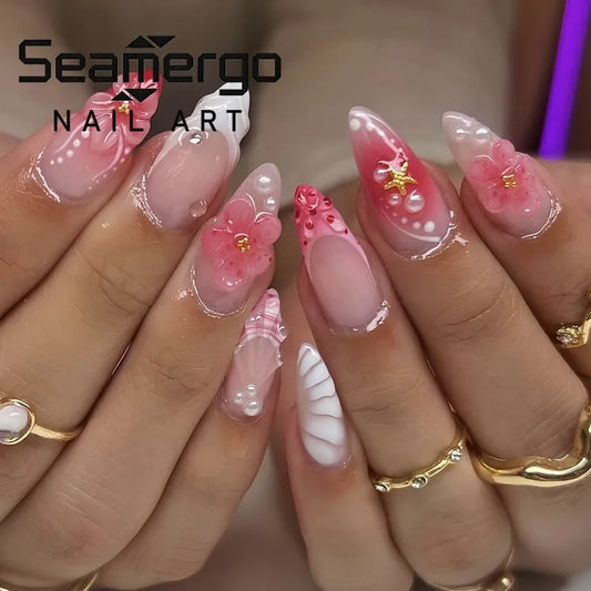 24PCS 3D Flower Shell Design False Nails Sweet Summer Series Fake Nail Pink Gradient Almond Press on Nails Starfish Pearl Nails