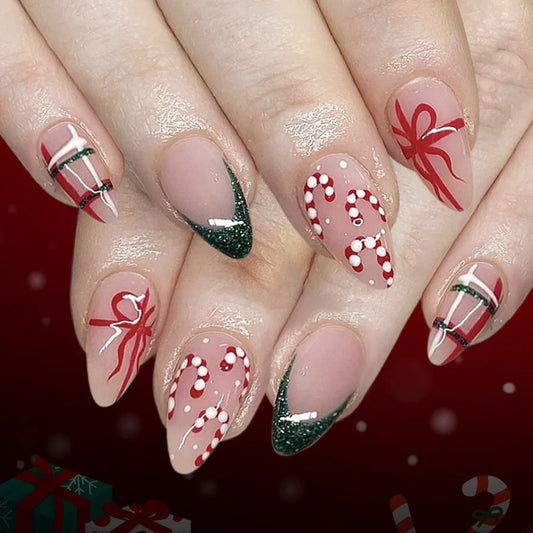 24pcs Christmas Fake Nails Sets French Shiny Powder Mid-length Almond False Nail Cane Bow Stick on Nail Art Pink Press on Nails