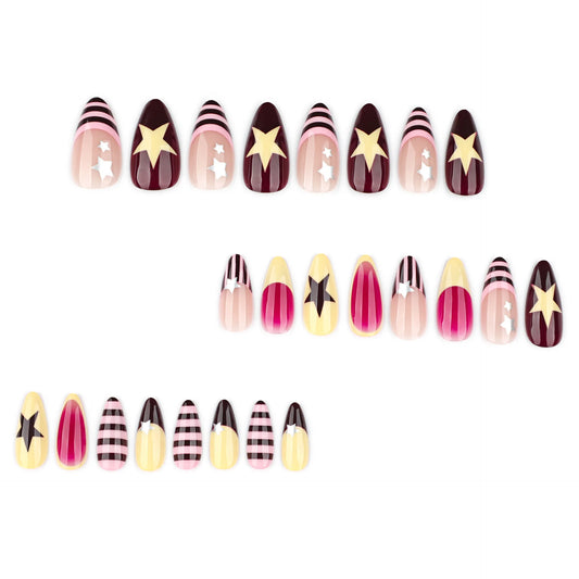 24pcs Colorful Five-pointed Star Press On Nails Red Stripes French Style Y2k Fake Nails Yellow Almond European Fake Nail Tips