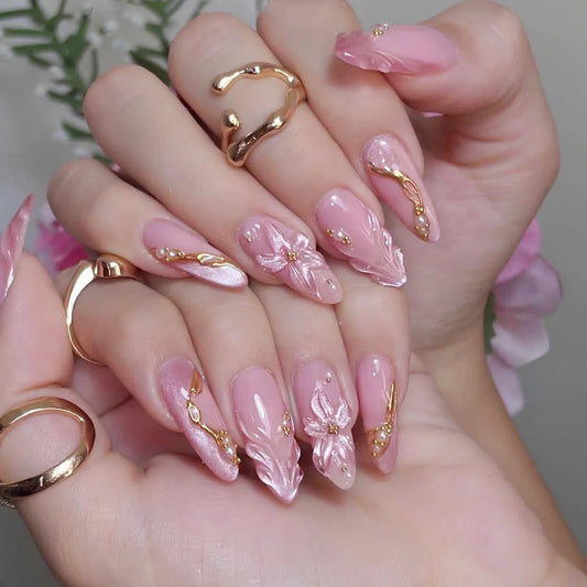 24pcs Almond Sweet False Nails Wearable Flower Cat's Eye Nails Sets Press on French Pink Fake Nail Tips Glitter Stick on Nail