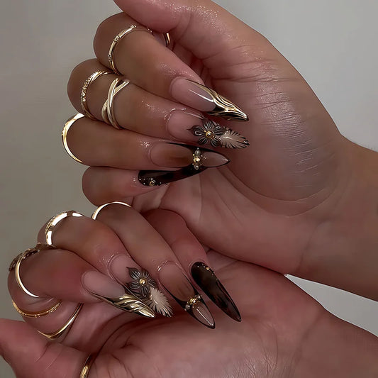24pcs Long Stiletto Leopard Print Nails Sets Press on Brown Smudge Fake Nails Tips Finished French Reusable Almond False Nail