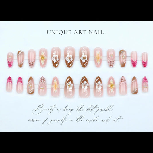 24PCS Nude Pink 3D Flower Almond Press on Nails Seashell Starfish Rhinestone Decor Ocean Beach Style Glossy Reusable False Nails