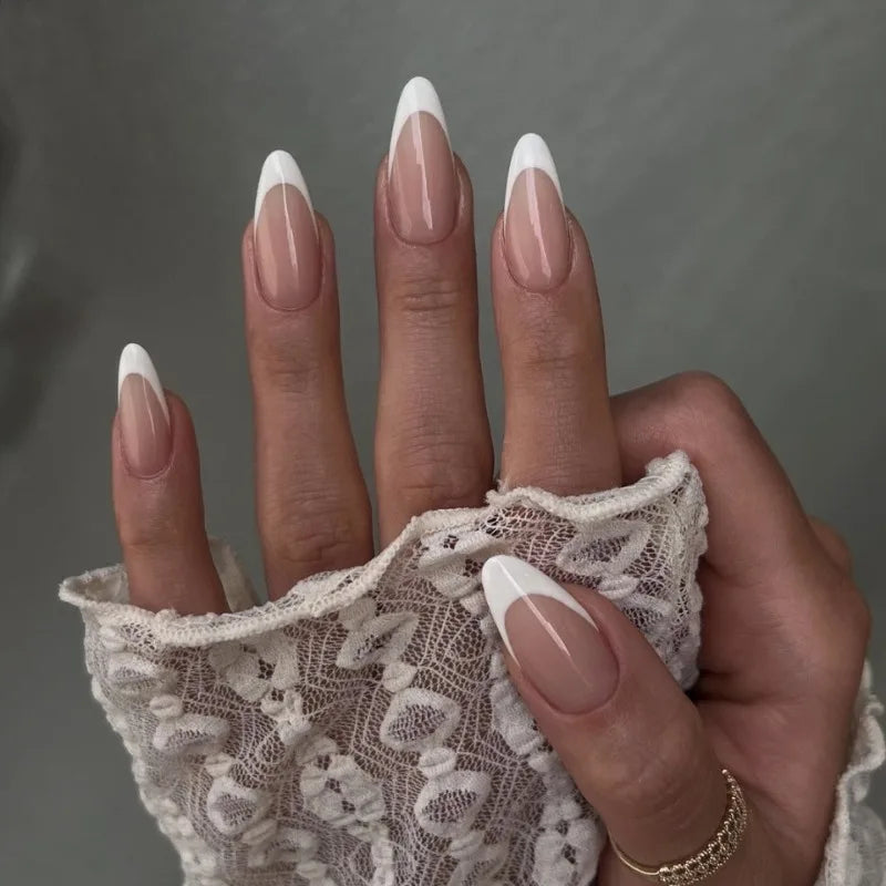 10Pcs Handmade Nails Minimalist Almond French with White Borders Suitable for All Skin Tones Press on Nails Perfect for Women