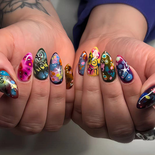 30pcs Dopamine Almond False Nails Colorful Printed Flower Spiral Stripes Designs Press On Nails Spring Summer Charm Fake Nail