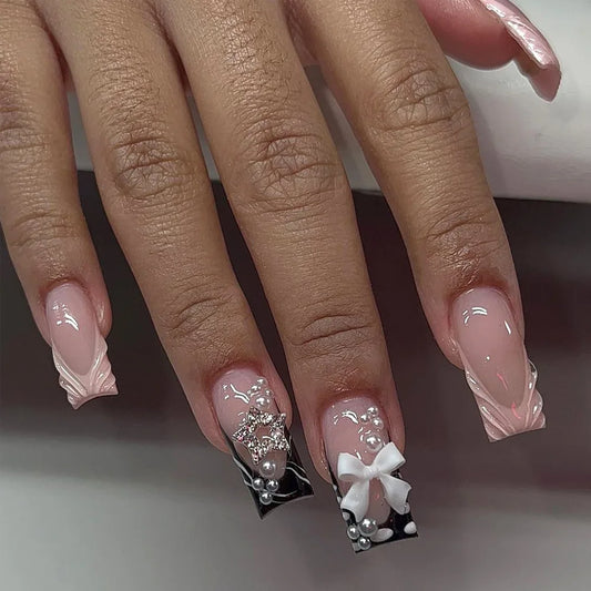 24Pcs Mid-length Square Press on Nails French Reusable Full Cover Fake Nails Tips 3D Star Love Heart Pearl Design False Nail Art