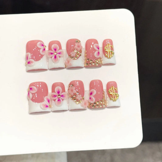 10pcs Pure Hand Pressed Duck Nail Art, Nice Fake Nail, Pink Gold Flower, Three-Dimensional Flower Gold Diamond, Idea for Women