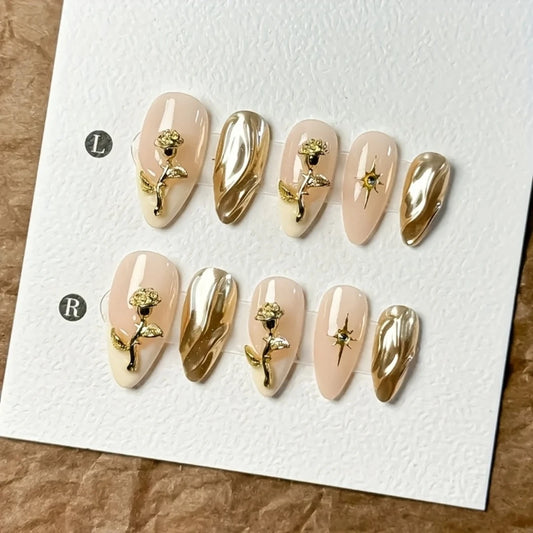 10pcs high-end Almond gold flowers handmade fake nails, Light luxury gold women's nail decoration patch