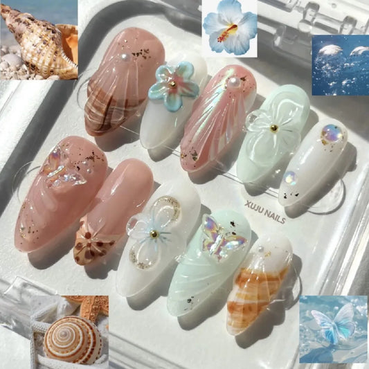 24Pcs 3D Butterfly Flower Pearl Press on Nails Mid-length Almond Cat's Eye Fake Nail Full Cover French Wearable False Nails Tips