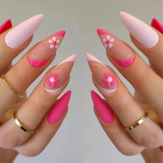 24Pcs Wearable Oval False Nails French Short Almond Pink Sweet Manicure Spring Full Cover Press on Nails Removable Nail Stickers