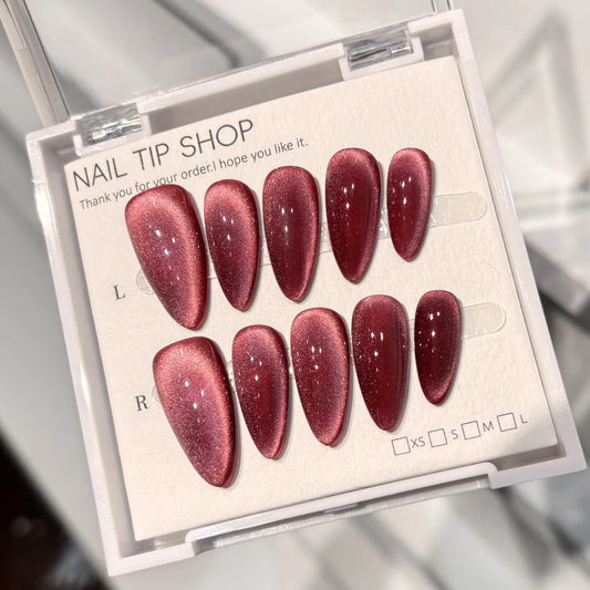 10pcs Red Handmade Press on Nails Tips Acrylic Mid-length Almond False Nails Woman Wearable Solid Color Cat's Eye Fake Nail Set