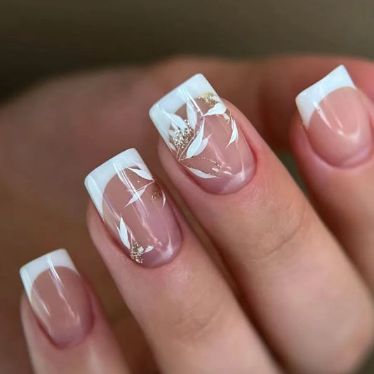 24pcs White Tips Press on Nails Art Wearable Fashion French Short Square False Nails with Glitter Leaves Design Ballet Fake Nail