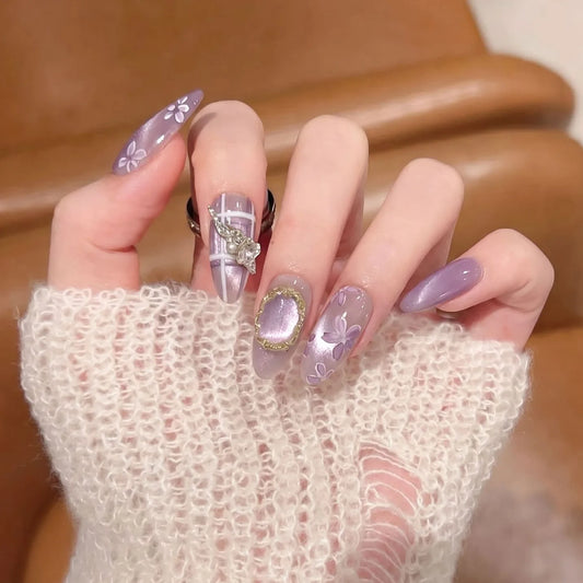 10Pcs Mid-length Almond Handmade Fake Nails Purple Cat's Eye Manicure Tips Flower Grid Rhinestone Reusable Press on False Nails