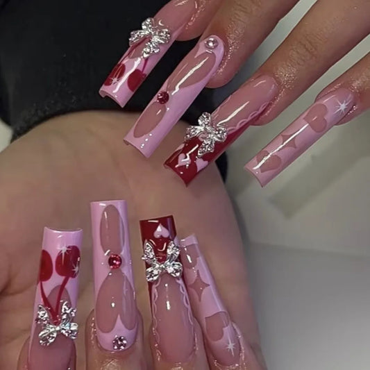 24Pcs Long Square Head Full Cover Nails Tips White French Fake Nails 3D Cherry Rhinestone Reusable Finished Press on False Nails