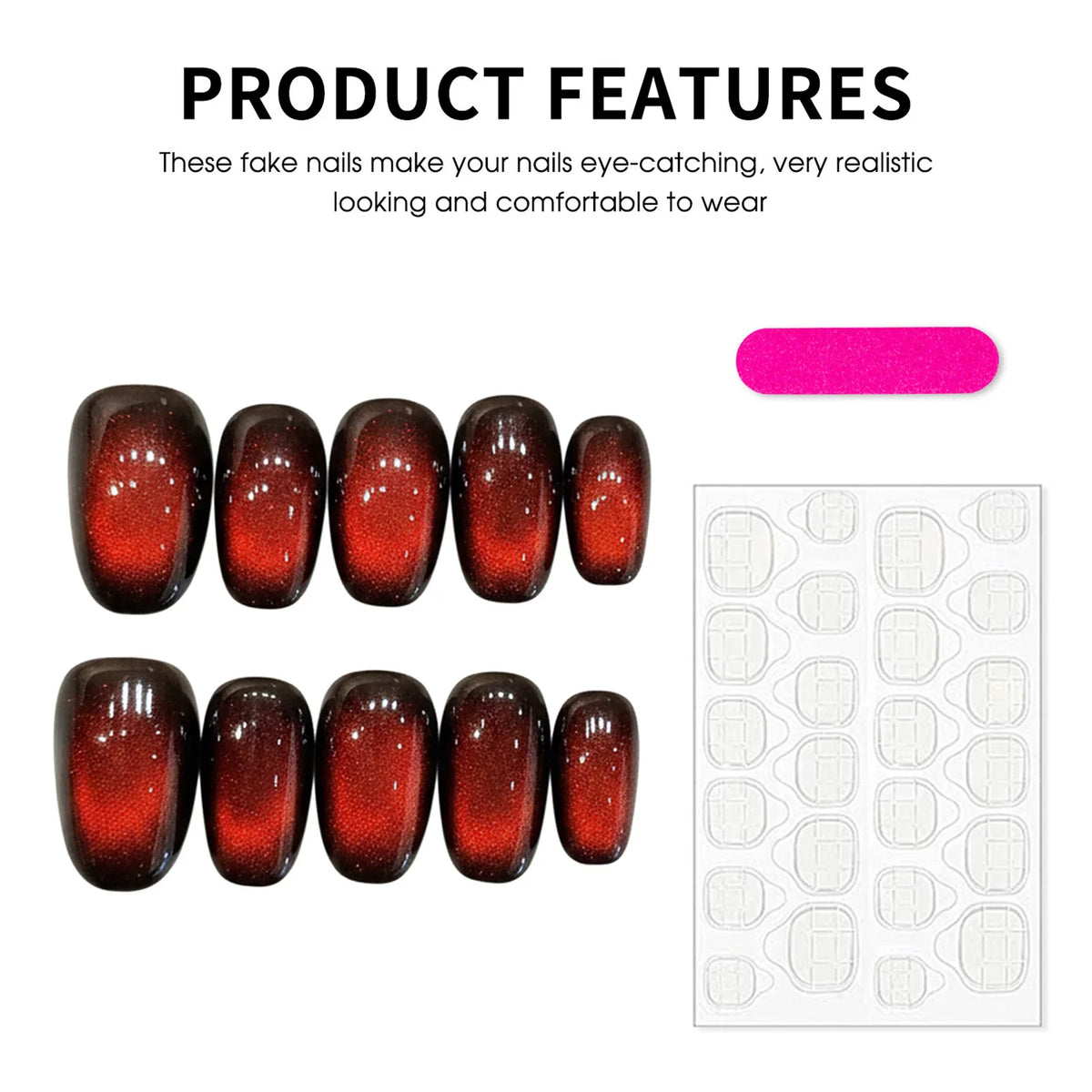 10pcs Gradient Deep Red Cat's Eye False Nails Simple Glossy Short Oval Handmade Press On Nails Full Cover Women Girls Fake Nail