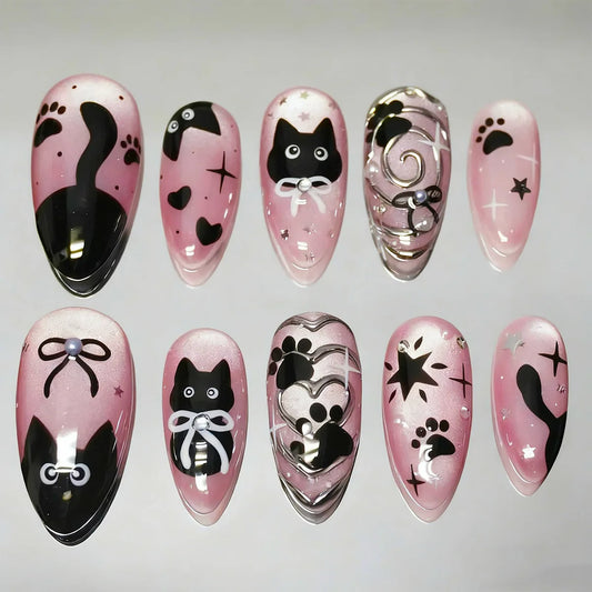 24pcs Cat's Eye False Nails Flower Bow Pattern Almond Press on Nails Wearable Pink Fake Nail Pearl Rhinestone Full Cover Nail