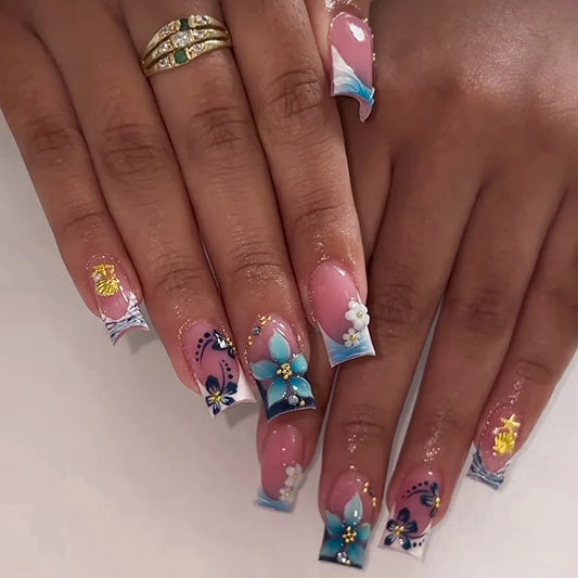24Pcs False Nails 3D Floral French Tip Design Blue with Gold Glitter Press-On High-Quality Nails—Perfect As A Gift for Girls