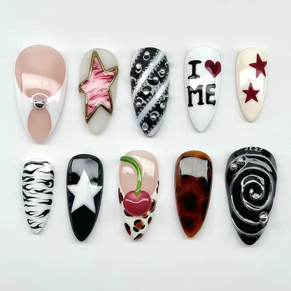 24Pcs Mid-length Almond Press on Fake Nails with Insect Flower Button Design Full Cover Nails Tips Reusable Finished False Nails