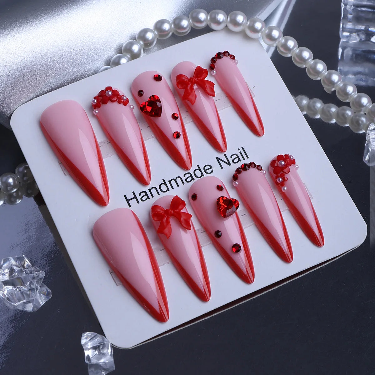24PCS Red Bow Red False Nails Love Gemstones Stiletto Press on Nails Valentines Day French Tip Design High End Daimond Manicure