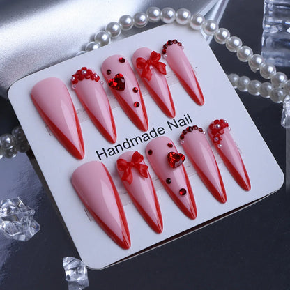 24PCS Red Bow Red False Nails Love Gemstones Stiletto Press on Nails Valentines Day French Tip Design High End Daimond Manicure