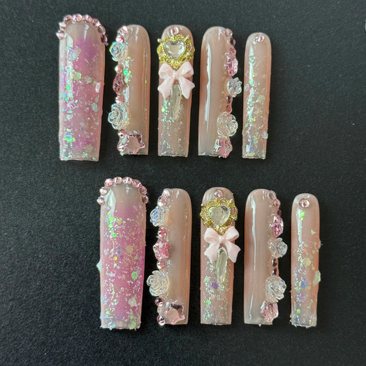 10pcs high-end Sweet and cute style, hand-painted three-dimensional rose, bow, sparkling sequins, heart diamonds handmade fake