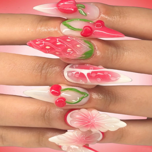 10PCS French Pointed Press Almond Long Holiday Nail With Strawberry Embossed Pattern Water Droplet Design Summer Artificial Nail
