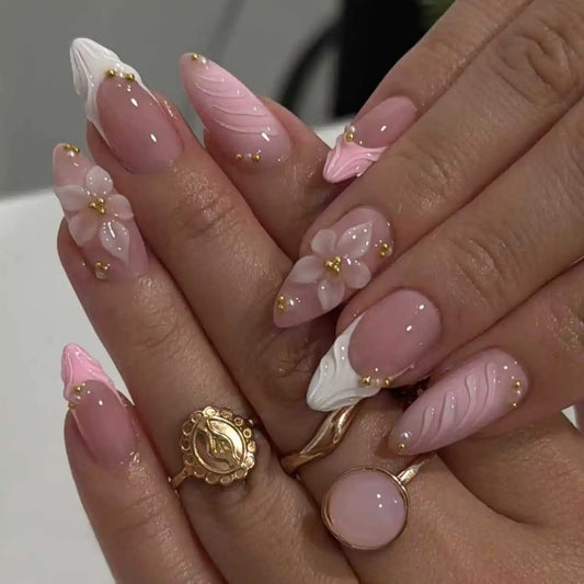 24pcs French Almond Press on Nails Flower Pattern False Nails Wearable Stick-on Nail Fake Nail Uñas Postizas Накладные Ногти 네일팁