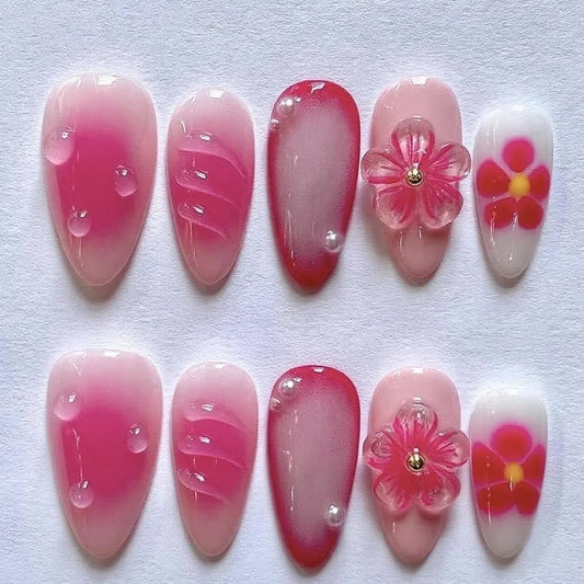24pcs Flower Pearl Press on Nails Sets Long Nails Tips with Starfish Seashells Design French False Nail Art Detachable Fake Nail