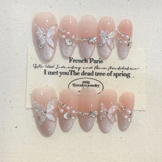 10Pcs Short Almond Cat Eye Nail Tip French Finished with Flower Butterfly Rhinestone Designs Wearable Manicure Fashion for Women