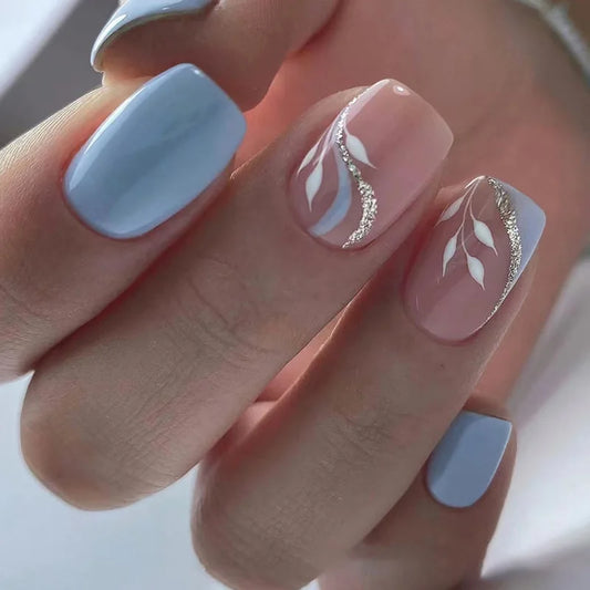 24pcs Finished False Nail Blue Short Square Full Cover Nail Tips with Leaves Shiny Powder Fake Nail Sets Wearable Press on Nails