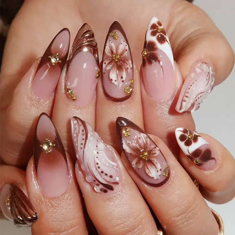 24Pcs Light Blue Smudge Fake Nails Press on Almond Gold Leaf Removable Long Full Cover Nail Tips Wearable Finished Nail Art
