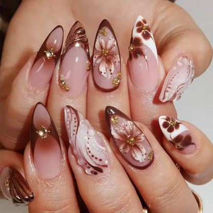 24Pcs Light Blue Smudge Fake Nails Press on Almond Gold Leaf Removable Long Full Cover Nail Tips Wearable Finished Nail Art