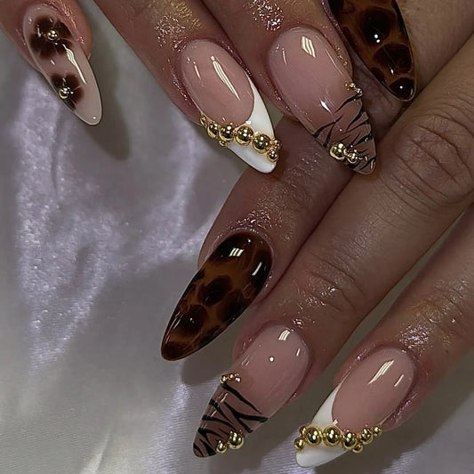 24pcs Leopard Print Almond Fake Press on Nails with Mini Flower Acrylic Fake Nails Retro Sweet Cool Design Press Ons French Nail