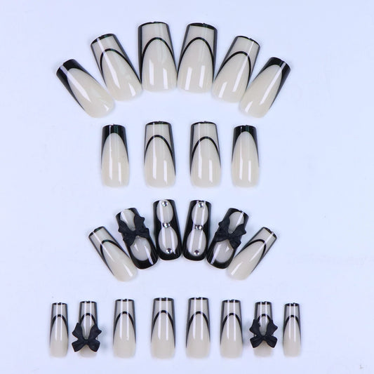 24PCS Black French Pointed Nail, Medium Square Fake Nail Design, Black Bow, Fully Covered Fake Nail