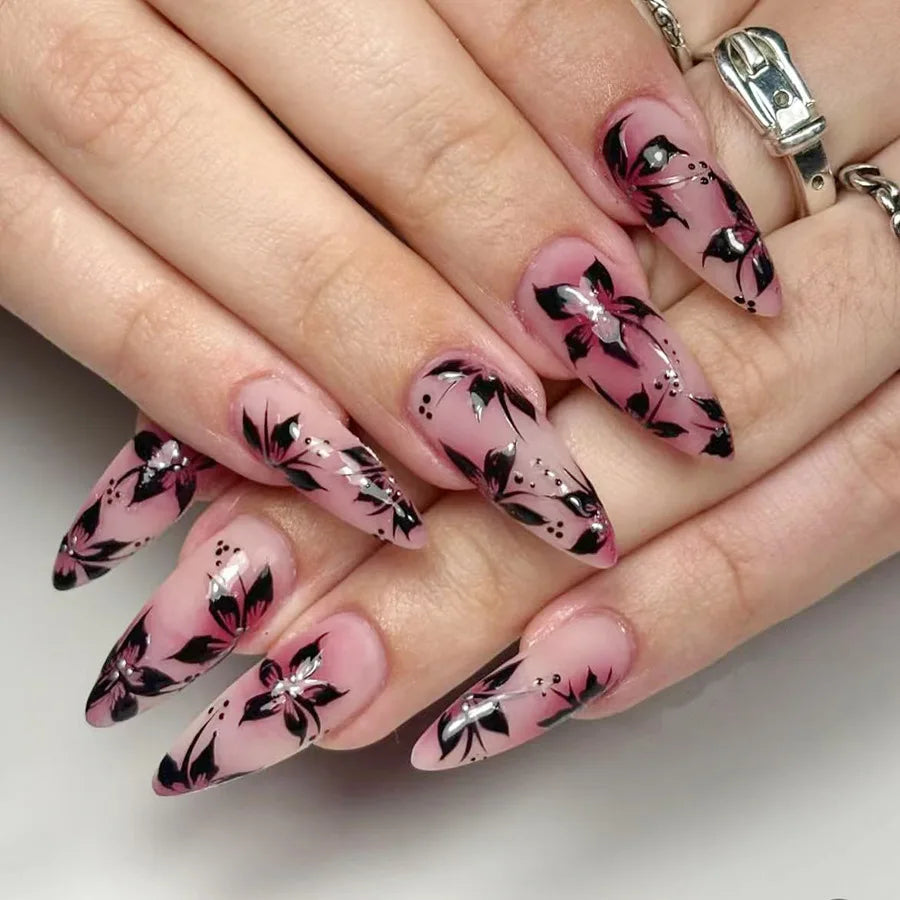 White Long Coffin Fake Nails Spicy Girls Charm Manicure 24Pcs Women Ballerina Press On Nails Black Flower Printed Nails Art