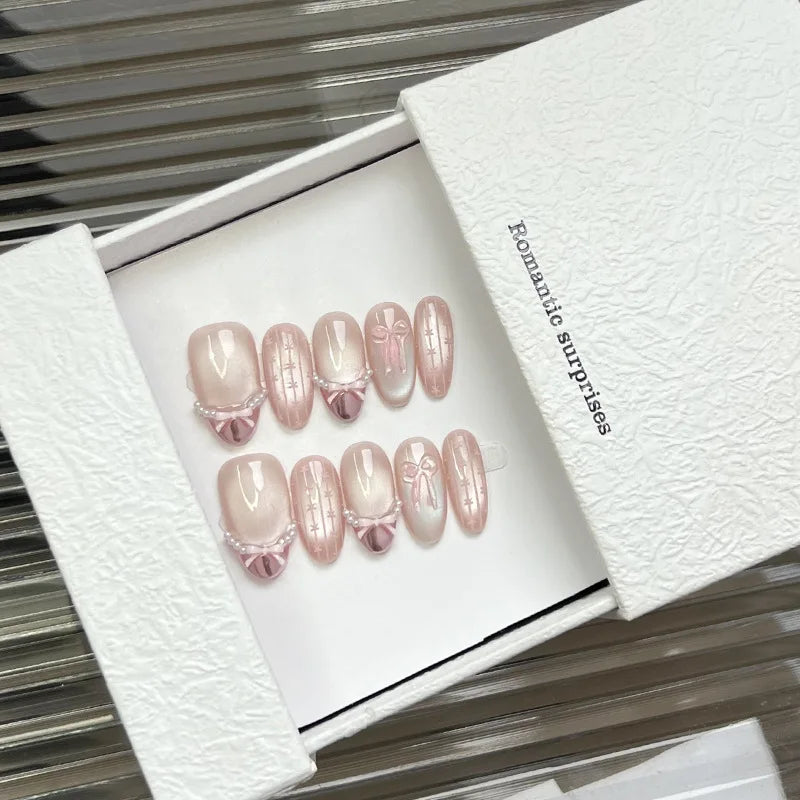 Ribbon – Bow Cat Eye French Almond Press-On Nails