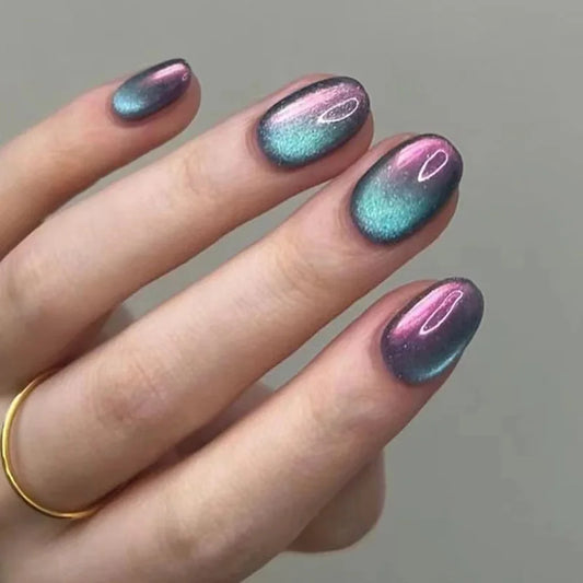 24Pcs Pink Smudge with Design Fake Nails Short Round Head False Nails Press on Silvery Star Detachable Full Cover Nails Tips Art