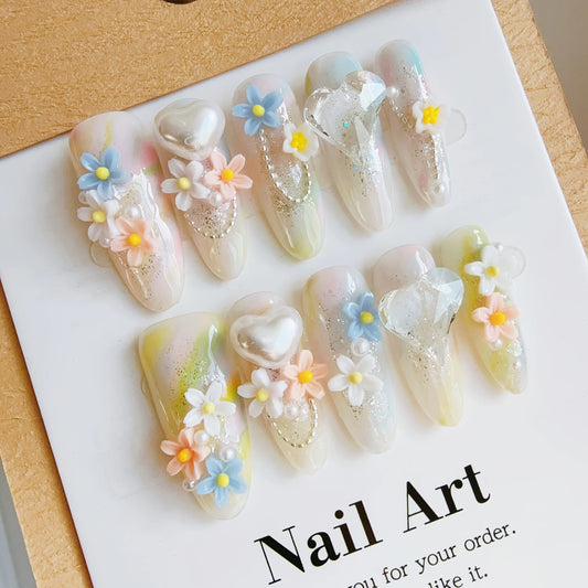 10pcs high-end Colorful flowers handmade fake nails, Light luxury long women with multi-color nail nail patch