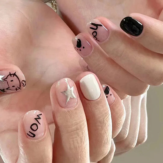 24pcs Finished Fake Nails Simple Flower Design Full Cover Nail Tip Pink Short Square False Nail Reusable Oval Press on Nails Art