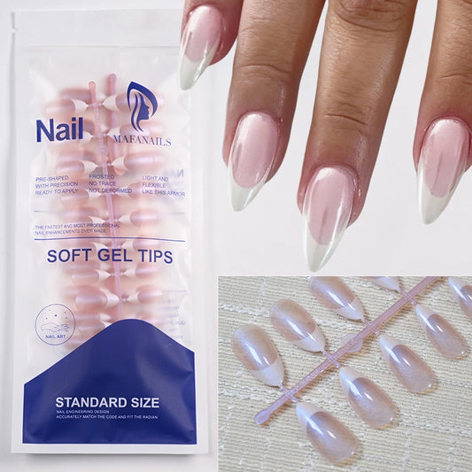 120pcs Aurora Chrome Long Almond False Nails French Tip Press On Nails Coffin Square Wearable Full Cover Pearls Shine Fake Nails