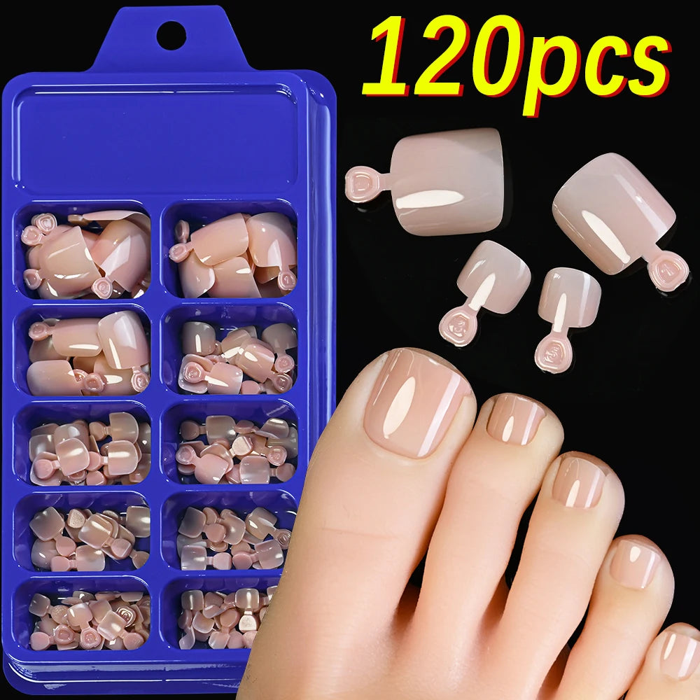 120Pcs Nude Pink Short Square Press On Toenails Natural -Solid Color Soft Gel Fake Toenails 12 Sizes Full Cover False Toe Nail