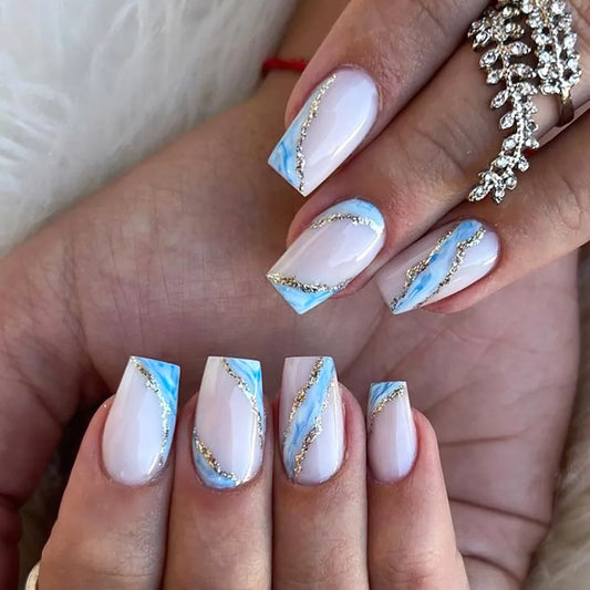 24pcs White Tips Press on Nails Art Wearable Fashion French Short Square False Nails with Glitter Leaves Design Ballet Fake Nail