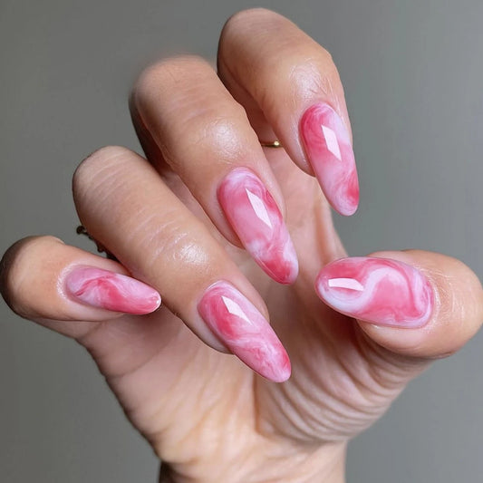 24Pcs Mid-length Almond Sweet Simple French False Nails Full Cover Pink Smudging Wearable Nail Stickers with Jelly Glue Nail Art