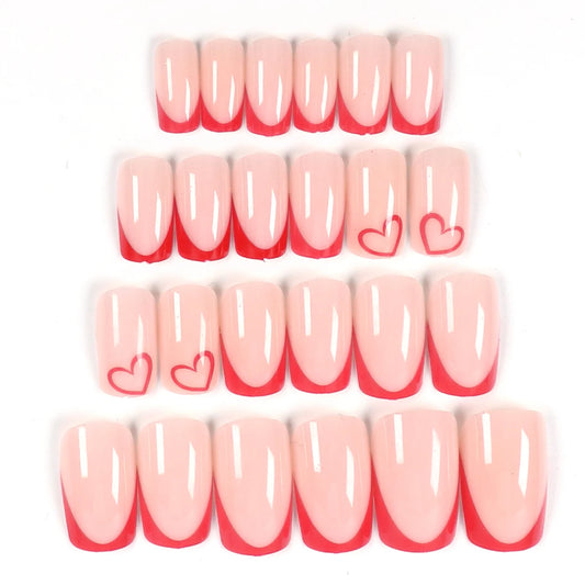 24 PCs Short Square French Heart Simple Nails with 1 Jelly Glue and 1 Nail File