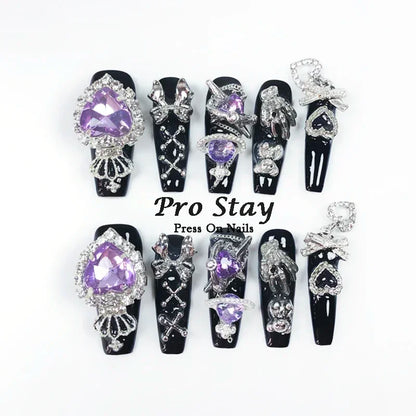 10pcs Dark Black Y2k Hot Girl Handmade Press On Nails Sweet Cool With Diamond Metal Decoration Wearable Artificial False Nail