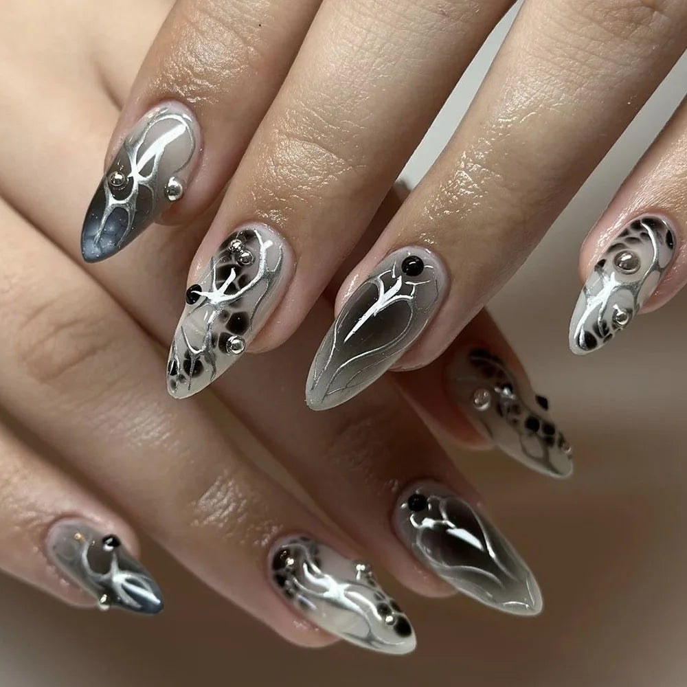 24Pcs Short Almond Fake Nails Butterfly Wings Nail Art with Glue Glitter Flower False Nails Acrylic Autumn Winter Press on Nail