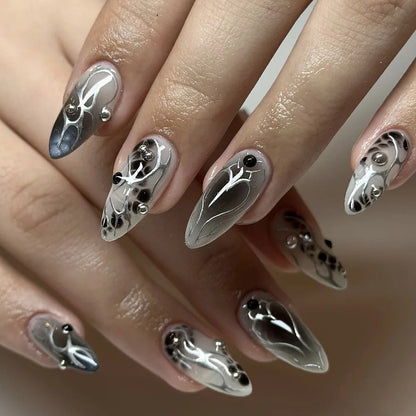 24Pcs Short Almond Fake Nails Butterfly Wings Nail Art with Glue Glitter Flower False Nails Acrylic Autumn Winter Press on Nail