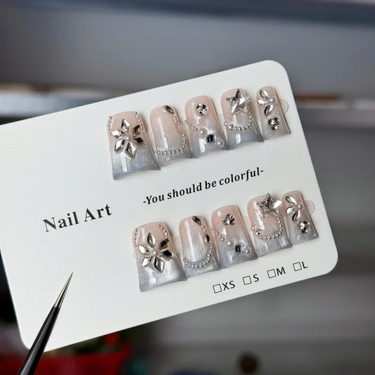 10pcs high-end Luxury and fashionable style, hand-painted gradient cat eyes, dazzling full diamonds handmade fake nails